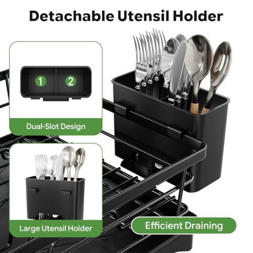 Simple Trending Dish Drying Rack, Space-Saving Dish Rack for Kitchen Counter, Stainless Steel Dish Drainer with Cutlery Holder and Drainboard, 12''W x 17''L, Black