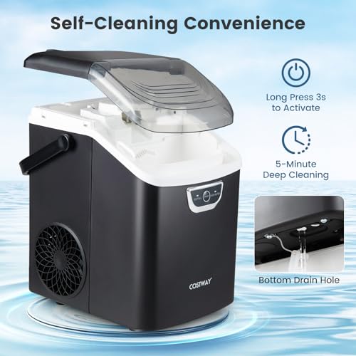COSTWAY Nugget Ice Maker Countertop with Handle, 33 Lbs/24H Soft Chewable Ice, Ready in 6 Mins, Auto-Cleaning, Audible Ice Full Alarm, Portable Sonic Ice Machine for Home Kitchen Office, Black