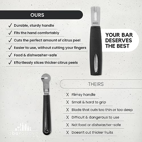 A Bar Above Black Handle Stainless Steel Channel Knife, Chef-Grade Citrus Garnish Tool, Zester and Fruit Peeler for Cocktails, Culinary Presentation, and Kitchen Use