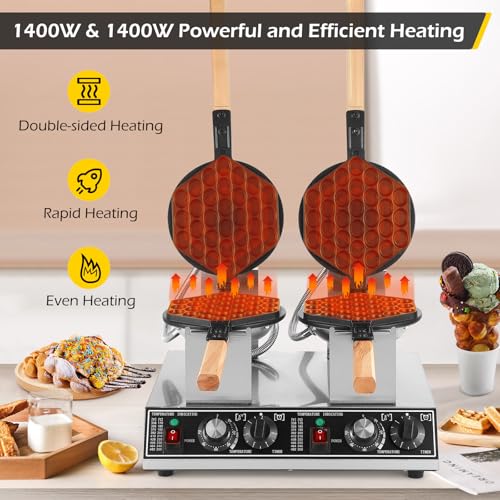 Dyna-Living Bubble Waffle Maker Commercial Double-head Egg Puff Waffle Maker, 1400W & 1400W Non-stick Hong Kong Bubble Waffle Machine, 180° Rotating, Non-stick Coating, Dual Temperature Control