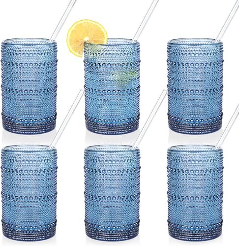 KMIGRUAN Large Hobnail Drinking Glasses Set of 6, 15oz Blue Vintage Glassware, Embossed Glass Cups, Water Tumbler, Highball Glasses For Beer, Juice And Various Mixed Drinks