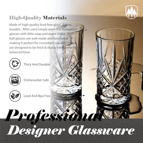 Raisaplin Highball Glasses Set of 6, 13 oz Lead-Free Crystal Drinking Water Glasses Tall Glass Cups Mixed Drink Cocktail Glass Set Tom Collins Bar Glassware for Juice Whiskey Mojito Beer Iced Coffee