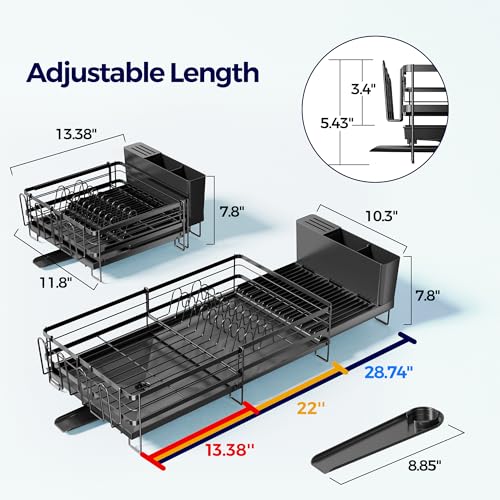 Pantasia Large Dish Drying Rack, Expandable Dish Rack for Kitchen Counter, Dish Drainer with Drainboard Set, Multifunctional Dishrack with Utensil & Cup Holder, 13.4"-28.7" L x 11.8" W x 7.8" H, Black