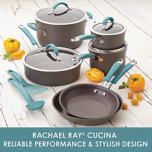 Rachael Ray 87643 Cucina Hard Anodized Nonstick Frying Pan Set / Fry Pan Set / Hard Anodized Skillet Set - 9.25 Inch and 11.5 Inch, Gray with Blue Handles