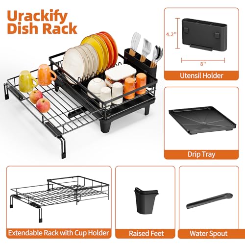 Urackify Dish Drying Rack - Large Dish Racks for Kitchen Counter, Extendable Sink Dish Drainer, Rustproof Dish Strainer with Utensil Holder, 1 Tier Black