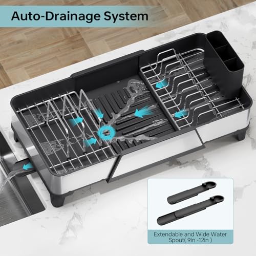 Urackify Large Dish Drying Rack - Triple Expandable Dish Rack for Kitchen Counter, Stainless Steel Sink Organization and Storage Essentials with Utensil & Pans Holder for Home and Appartment, Black