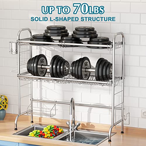 HOWDIA Stainless Steel 2-Tier Over The Sink Dish Drying Rack with Utensil Holder, Large, for Kitchen Counter