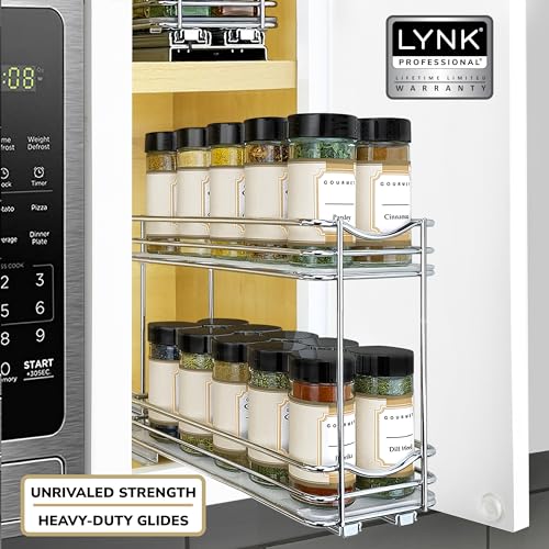 LYNK PROFESSIONAL® Pull Out Spice Organization for Cabinets - 4-3/8 inch Wide – Spice Rack for Inside Cabinets, Slide Out Spice Rack Organizer for cabinet – Pull Out Spice Rack, Sliding 2 Tier Chrome