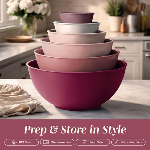 COOK WITH COLOR Mixing Bowls with Lids - 12 Piece Plastic Nesting Bowls Set includes 6 Prep Bowls and 6 Lids, Microwave Safe Mixing Bowl Set, Rose TPR Lid