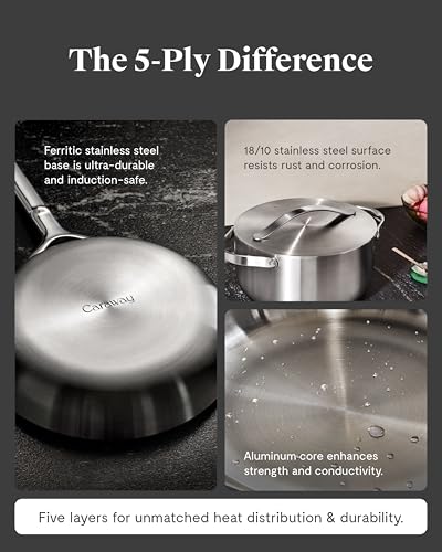 Caraway Stainless Steel Dutch Oven (6.5 Qt) - 5-Ply Stainless Steel - Oven Safe & Stovetop Agnostic - Non Toxic, PTFE & PFOA Free