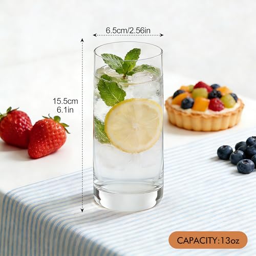 GLAZVIA Highball Glasses Set of 6,13oz Clear Drinking Glass Cups for Mixed Drink Cocktail, Beer, Mojito, Water and Juice, Thick Tall Crystal Glassware for Kitchen, Restaurant, Home Bar and Parties