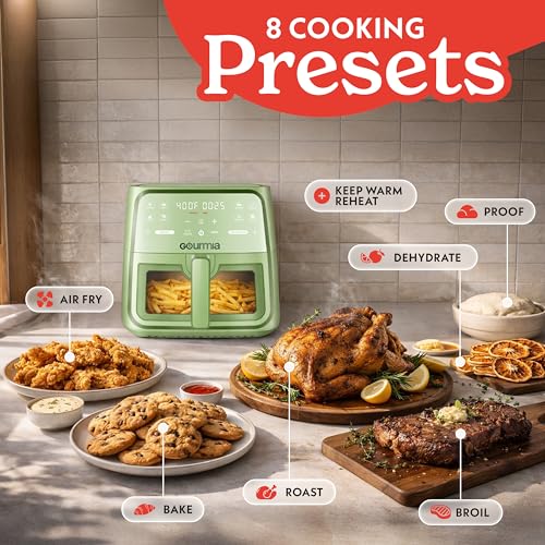 Gourmia 8 Qt Air Fryer, 8 Presets with Digital Display, FryForce 360° Technology, Easy View Window & Interior Light, Dishwasher Safe Basket, Green