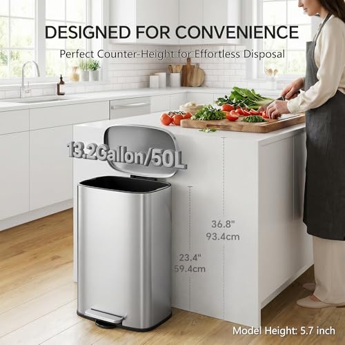 ZABINS 13 Gallon Trash Can (50L) and 1.6 Gallon (6L) Kitchen Trash Can Combo Set, Stainless Steel Garbage Can with Lid and Step-on Pedal, Soft Close Waste Bin with Inner Bucket for Home & Office