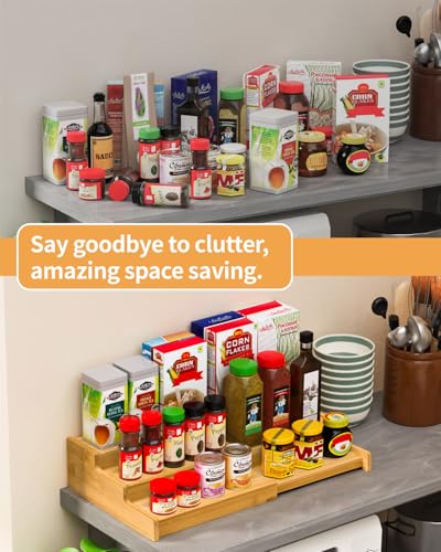 VenDotbi Spice Rack, 3-Tier Expandable Bamboo Spice Rack Organizer for Cabinet - Kitchen, Pantry and Cupboard Storage Organizer