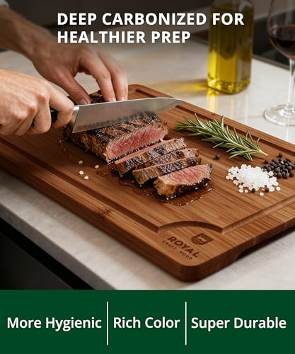 ROYAL CRAFT WOOD Wooden Cutting Boards for Kitchen Meal Prep & Serving - Non Toxic Bamboo Wood Cutting Board Set with Deep Juice Groove Side Handles - Charcuterie & Chopping Butcher Block for Meat