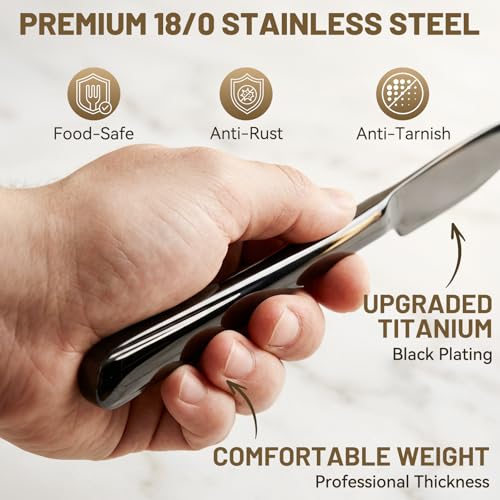 48 PCS NO-FADING Black Silverware Set with Steak Knives - KIKCOIN Food-Grade Stainless Steel Flatware Set for 8 - Mirror Polished Cutlery Set, Titanium Black Finish, Rust Resistant & Dishwasher Safe