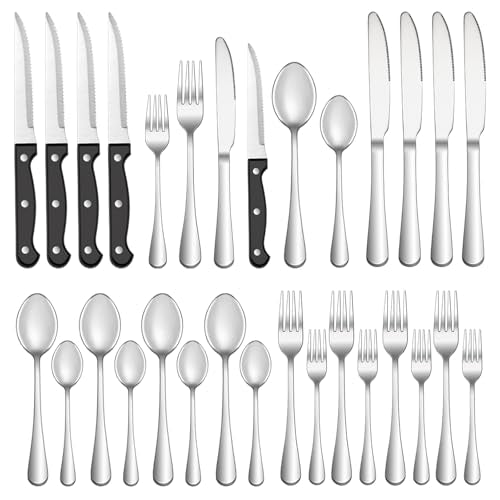 24 Pcs Silverware Set with Steak Knives for 4, Stainless Steel Flatware Set, Mirror Polished Cutlery Utensil