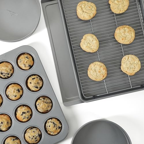 Calphalon Titan 10-Piece Nonstick Bakeware Set, Baking Sheet Set, Steel Core PFA-Free Nonstick Coating, Oven Safe, Includes Sheet Pans, Muffin Pan, Round Cake Pans, Loaf Pan and Cooling Rack - Silver