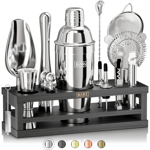 BARE BARREL® Mixology Bartender Kit Bar Set | 16-Piece Cocktail Shaker Set | Martini Barware Mixing Tools for Home Bartending | Incl. 35 Recipe Cards | Gift Set (24oz Cobbler Shaker, Silver/Black)