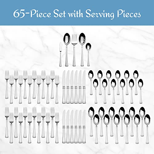 Mikasa Harmony Silverware Set for 12, 65-Piece 18/10 Stainless Steel Flatware Set with Flared Handles, Dishwasher Safe Cutlery Set, Elegant Dining Utensils