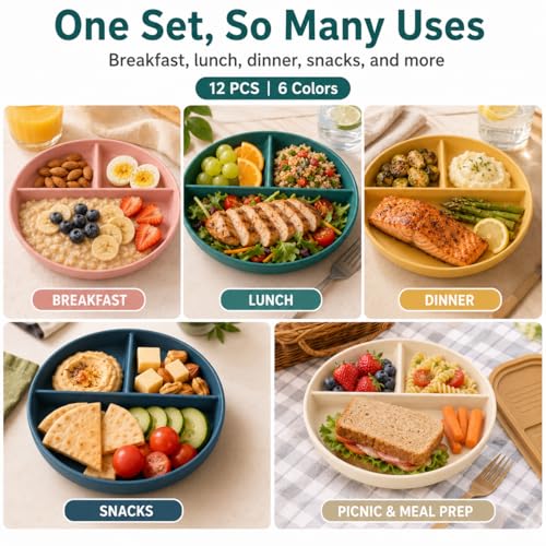 LDXDRU 12 Pack Divided Plates for Adults, 9 Inch Portion Control Plates, Reusable Wheat Straw Dinner Plates for Meal Prep, Dieting, Snacks and Everyday Meals, Microwave Dishwasher Safe, 6 Colors