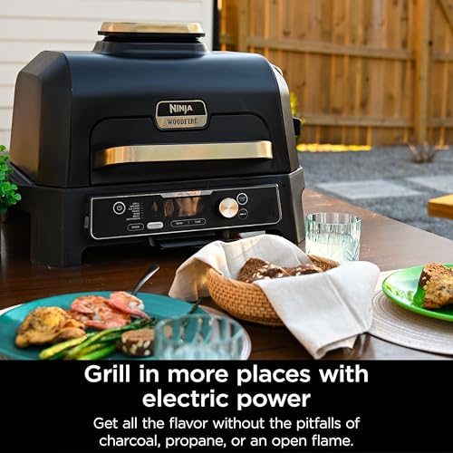 Ninja Woodfire Pro Connect XL Outdoor Grill & Smoker | Bluetooth, App Enabled | 7-in-1 Grill, BBQ Smoker, Outdoor Air Fryer | Woodfire Technology | Built-In Thermometer | Blue & Gold| OG951BL1