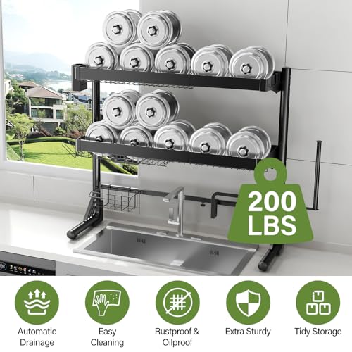 CUISIBOT Over Sink Dish Drying Rack, 3-Tier Full Stainless Steel Drainer Dish Rack Adjustable 20.9''-37.4'', Expandable Multifunctional Kitchen Organizer