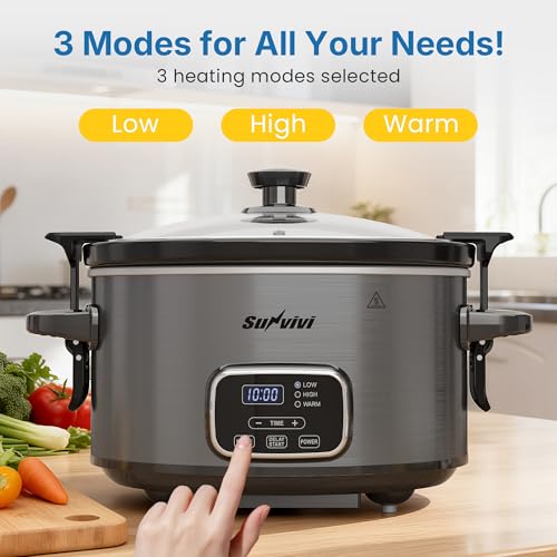 SUNVIVIPRO 4QT Programmable Slow Cooker with Locking Lid, Food Warmer with 3 Heating Settings & Adjustable Timer, Removable Ceramic Pot Dishwasher-Safe, Stainless Steel, Grey