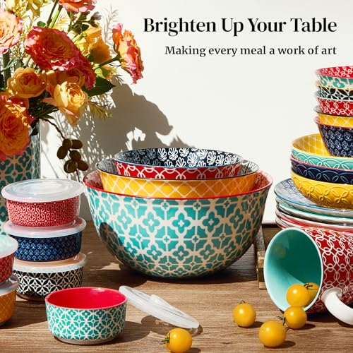 DOWAN Mixing Bowls, Ceramic Mixing Bowls for Kitchen, Colorful Vibrant Nesting Bowls for Cooking, Baking, Prepping, Serving, Salad, Housewarming Gift, Microwave Dishwasher Safe, 3.7/2/1 Qt, Set of 3