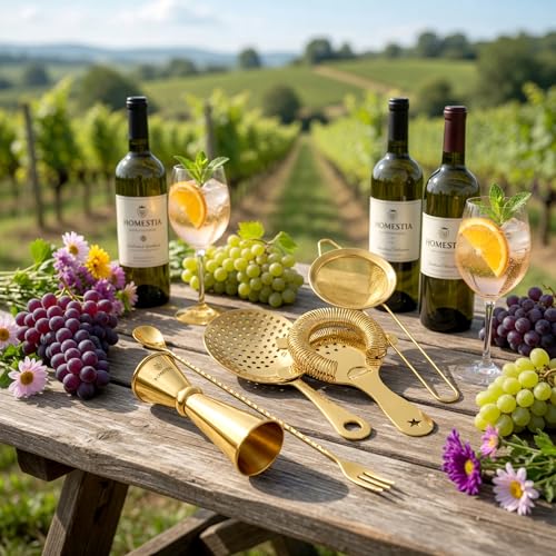 Homestia 5-Piece Gold Cocktail Strainer Set, Stainless Steel Hawthorne + Julep + Fine Mesh Strainers with Bar Spoon & Jigger, Professional Bartending Tools Bar Mixing Kit