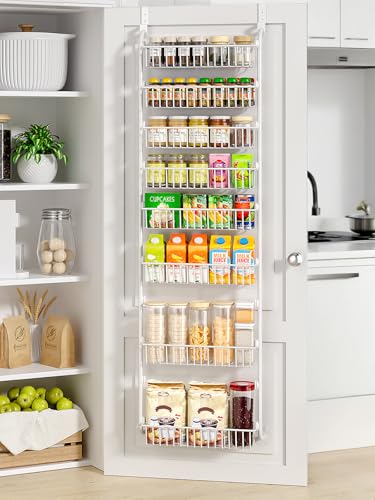 Delamu Over The Door Pantry Organizer, 8-Tier Pantry Door Organizers and Storage with Adjustable Basket, Metal Hanging Spice Rack, Seasoning Organizer, Door Organizer for Home Kitchen Bathroom, White