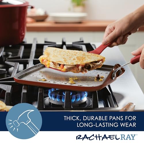 Rachael Ray Cook + Create Nonstick Stovetop Griddle/Grill Pan, Square, 11 Inch, Red