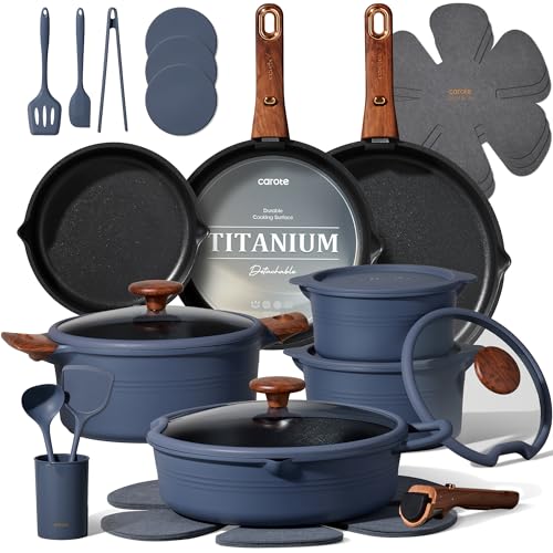 CAROTE 30-Piece Titanium Cookware Set, Nonstick Pots and Pans Set with Detachable Handle, RV Kitchen Cooking Set, Camping