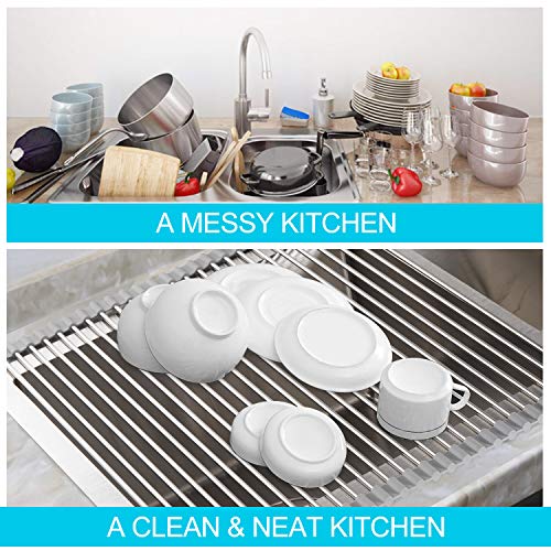 SunCleanse Roll-Up Dish Rack 17.8" x 15" Grey Over Sink Drainer Foldable