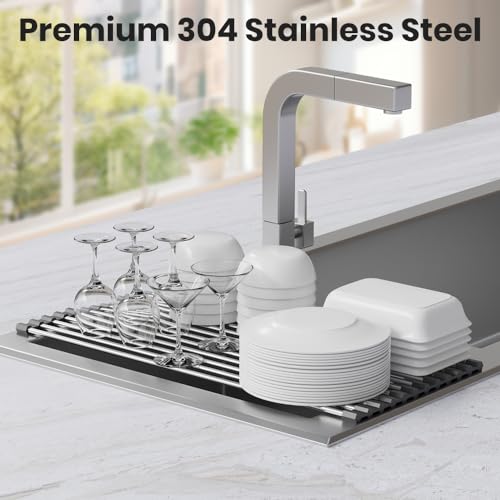 zzsbrm Roll Up Dish Drying Rack, Stainless Kitchen Accessories, Foldable Dish Rack, Anti-Slip Design Sink Counter Storage, Over The Sink Dish Rack, Stainless Steel, (17.5" x 12") Gray