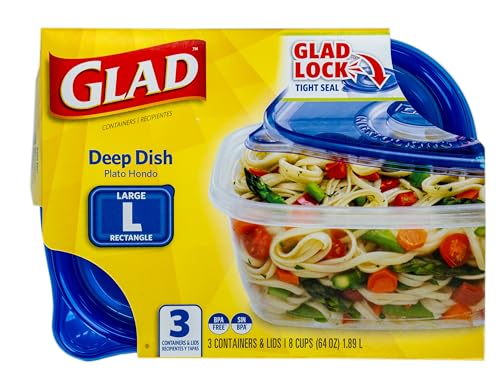 Glad GladWare Deep Dish Food Storage Containers with Lids, Large Rectangle BPA Free Plastic for Soups Salads and Meal Prep, Lock Tight Seal, Microwave Dishwasher Safe, 64 Oz, 3 Count