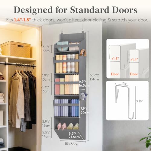 Lifewit 1 Pack Over the Door Organizer, 5 Section Clear Window Hanging Storage with 4 Side Pockets, Sturdy Anti Tilt 40 lbs Load Behind Door for Closet, Bedroom, Bathroom, Nursery, Dorm, Dark Gray