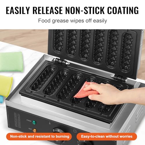 VEVOR Commercial Waffle Stick Maker, 6PCS 1500W Waffle Baker Machine, Non-Stick Stainless Steel Corn Hot Dog Waffle Iron with Temp and Time Control, Handle, for Restaurant Bakery Snack Bar Family