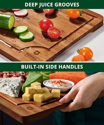 ROYAL CRAFT WOOD Wooden Cutting Boards for Kitchen Meal Prep & Serving - Non Toxic Bamboo Wood Cutting Board Set with Deep Juice Groove Side Handles - Charcuterie & Chopping Butcher Block for Meat