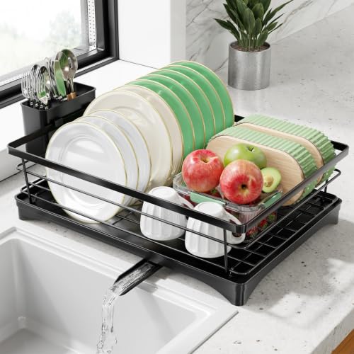 Simple Trending Dish Drying Rack, Space-Saving Dish Rack for Kitchen Counter, Stainless Steel Dish Drainer with Cutlery Holder and Drainboard, 12''W x 17''L, Black