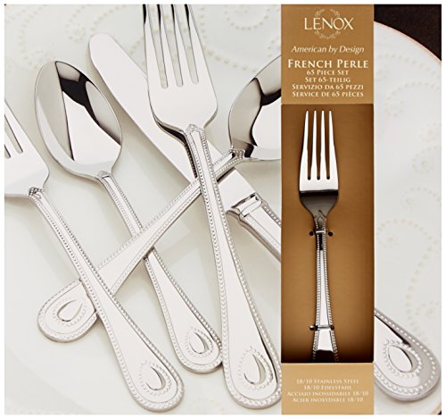 Lenox Silverware Set For 12, French Perle 65-Piece Flatware Set with Serving Utensils, Service For 12, Elegant 18/10 Stainless Steel Utensils with Beading, Knives Spoons & Forks (Silver, 65 Piece)