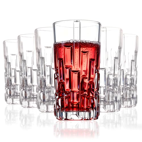 Vitrignis Tall Highball Glasses Set Of 6 - Elegant Tom Collins Glasses - Textured Designer Glassware Set For Whiskey,Drinks, Water, Beer, Soda 10 Oz