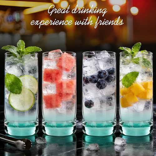 GLAZVIA Green Highball Glasses Set of 6,13oz Drinking Glass Cups for Mixed Drink Cocktail, Beer, Mojito, Water and Juice,Thick Tall Crystal Glassware for Kitchen, Restaurant, Home Bar and Parties