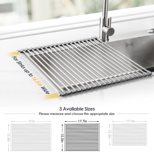 Tomorotec 17.7" x 15.5" Roll Up Dish Drying Rack Over Sink Drying Rack Sink Cover Kitchen Sink Accessories Gadget Multipurpose Organizer Foldable Stainless Steel Drainer (Grey)