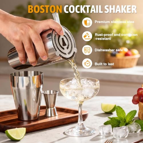 Mwellewm Cocktail Shaker Set, Boston Shakers Bartending Professional Bartender Kit Bartender Beginner Mixed Alcohol Martini Shaker Tins Tool for Bar Drink