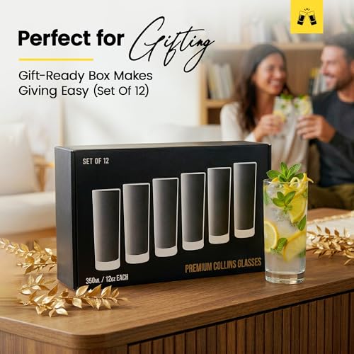 LEMONSODA Highball Glasses Set of 6 | 12oz Lead-Free Glass | Dishwasher Safe Sturdy Base | Clear Crystal Glass Tumblers for Mojito Whiskey Cocktail Bar Glassware Gift Box Included
