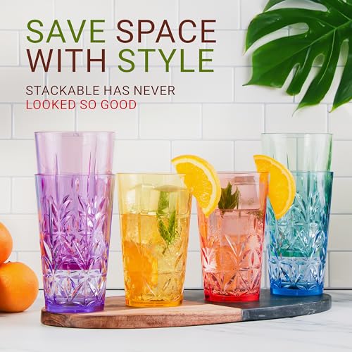 Bravario Royal Plastic Drinking Tumbler, Premium Quality Water Glasses, Dishwasher-Safe BPA-Free Durable Mixed Colors Assorted Stackable Cups, 18 oz Set of 6