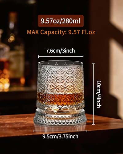 CEEFU Old Fashioned Whiskey Glasses with 360° Rotating Base, Set of 2 (2 Crystal Glasses Set, 2 Big Ice Ball Molds) In Gift Box - Bourbon, Cocktail, Rocks, Bday Gifts Ideas for Men, Snowflake Pattern