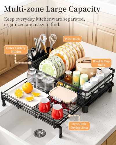 SAYZH Expandable Dish Drying Rack for Kitchen Counter, Metal, Black