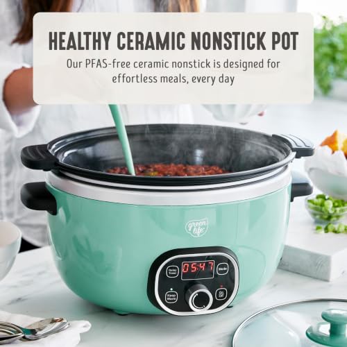 GreenLife 6QT Ceramic Slow Cooker, PFAS-Free, Programmable, Removable Healthy Nonstick Pot for Family Meals, Sear on Stovetop, Keep Warm, Digital Timer, Dishwasher Safe Crock, Turquoise
